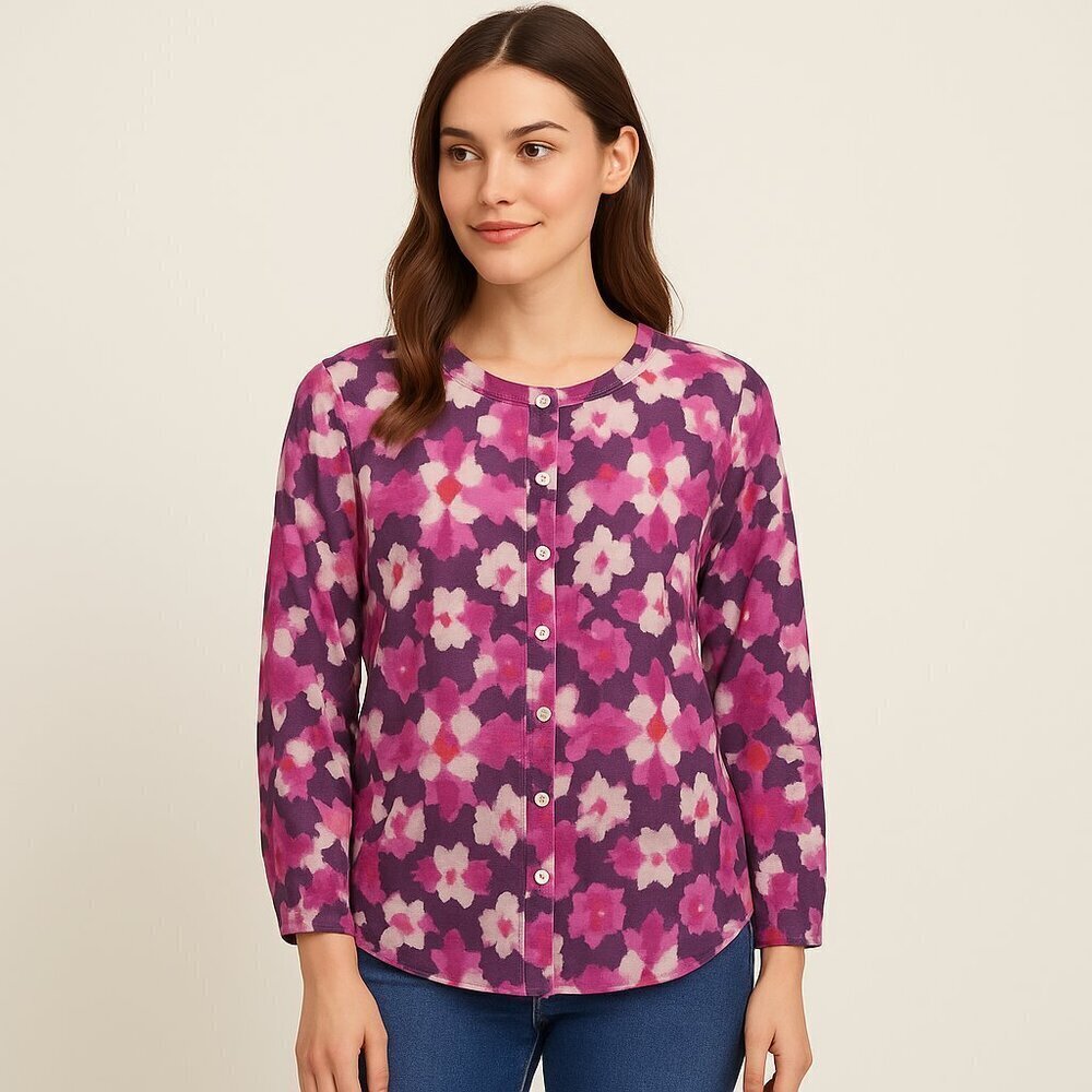 Banjanan People Floral Blouse Size Large 100% Cotton Long Sleeve Purple Pink Top